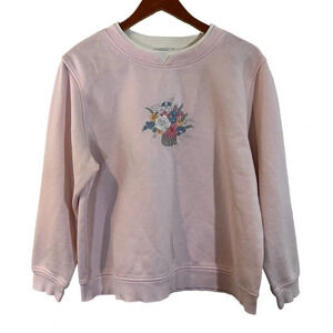 Shenanigans Pink Cottage Core Pullover Sweater Size XL Flower Basket Embroidered